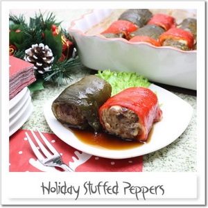 クリスマス色で中華風ピーマンの肉詰め